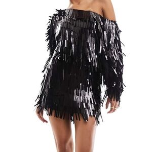 ASOS DESIGN slouchy off shoulder rectangle sequin mini dress in black